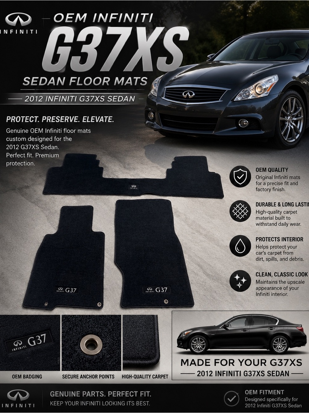 Infiniti G37XS Sedan Floor Mats - Black Carpet Set
